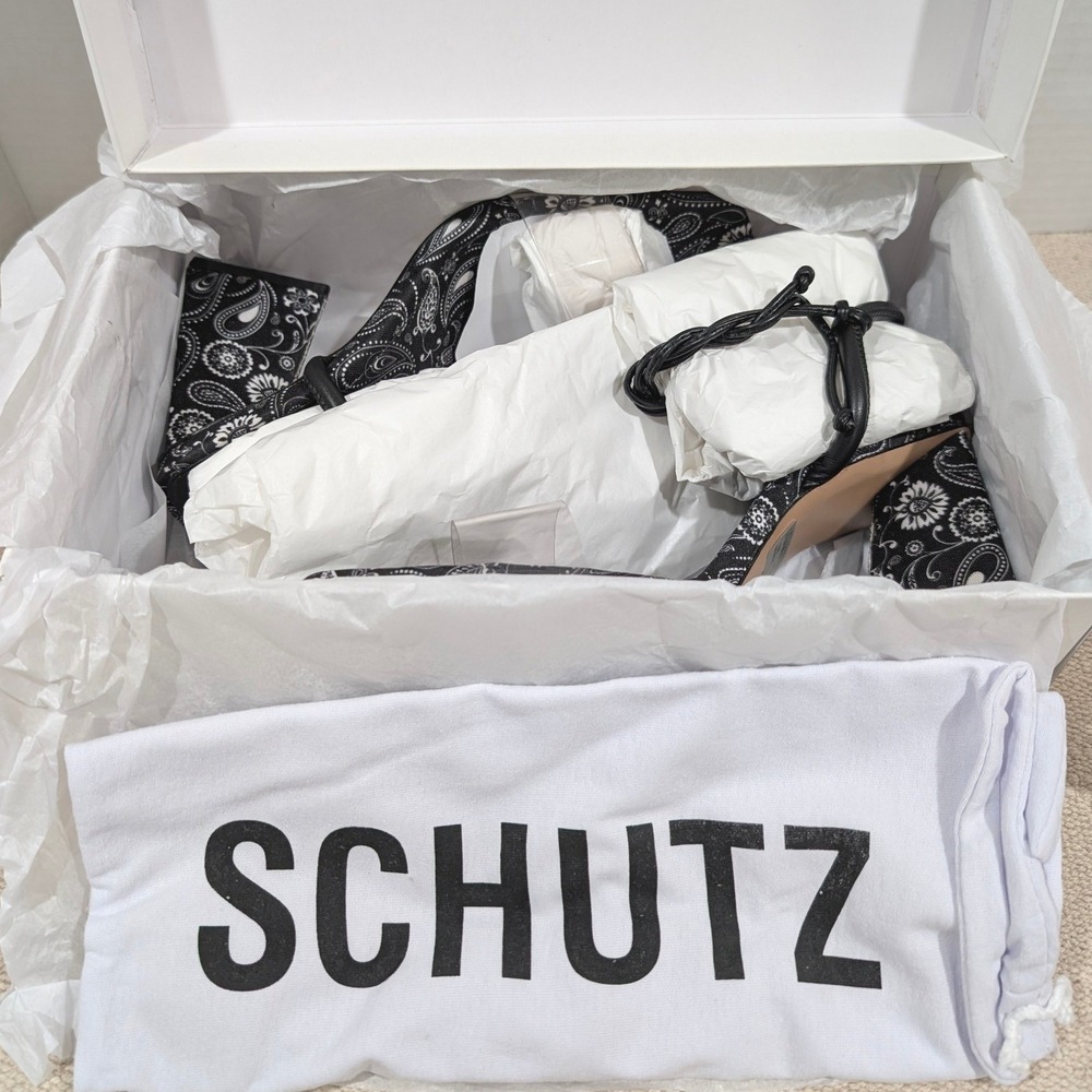 Schutz Black White Paisley Fabric Clear Strap Ankle Tie Block Heel Sandals 7.5B - Picture 11 of 11